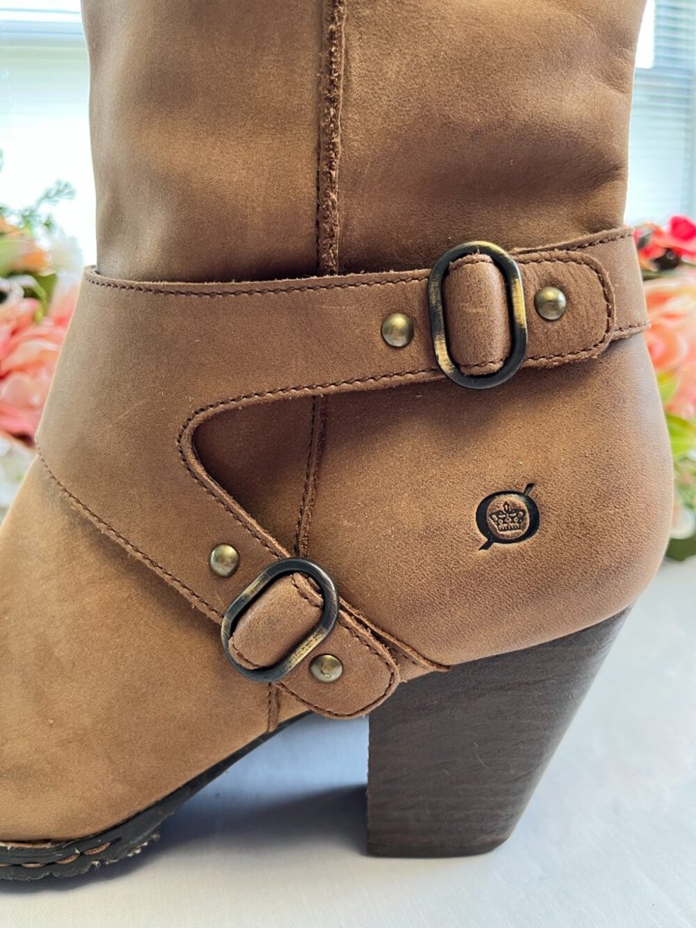 Born Fannar Leather Knee High Boots Brown Harness Buckle Block Heel Size 10/42 - Picture 6 of 16